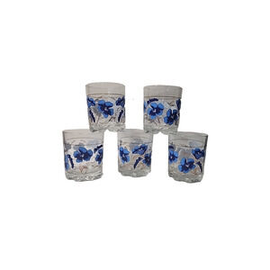 5 Vintage Cerve DeValbor Glass Juice Blue Pansy Floral 8 oz Made in Italy 3 7/8"